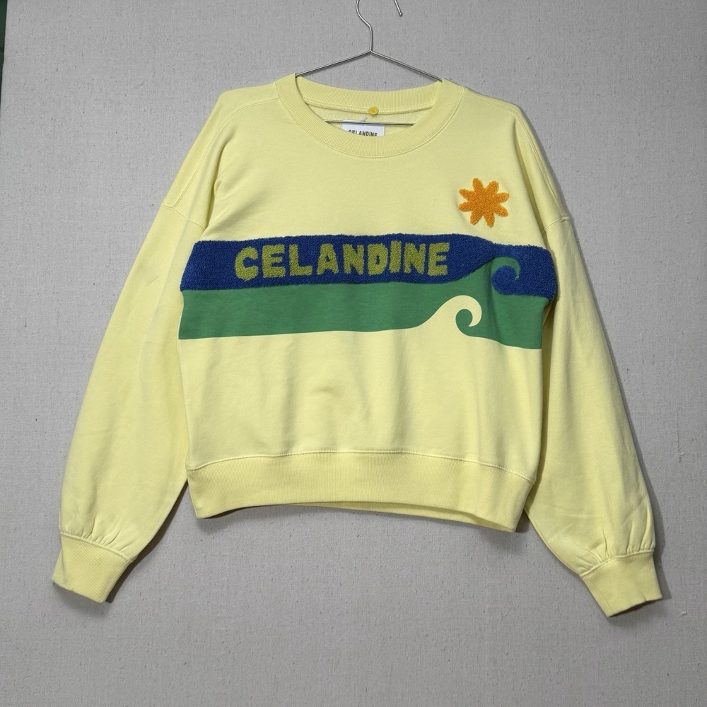 Celandine Surf Camp Sweatshirt Yellow Graphic Wave Terry XS Anthropologie - Picture 2 of 12